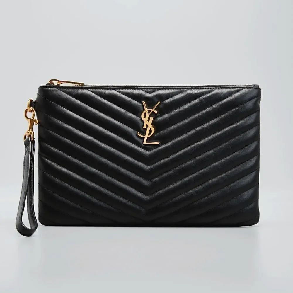 YSL Navy Matelasse Pouch Wristlet w/ GHW